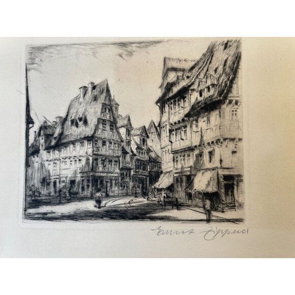 Ernst Zipperer Etching Of European Street Scene On Cream Paper - Picture 2 of 13